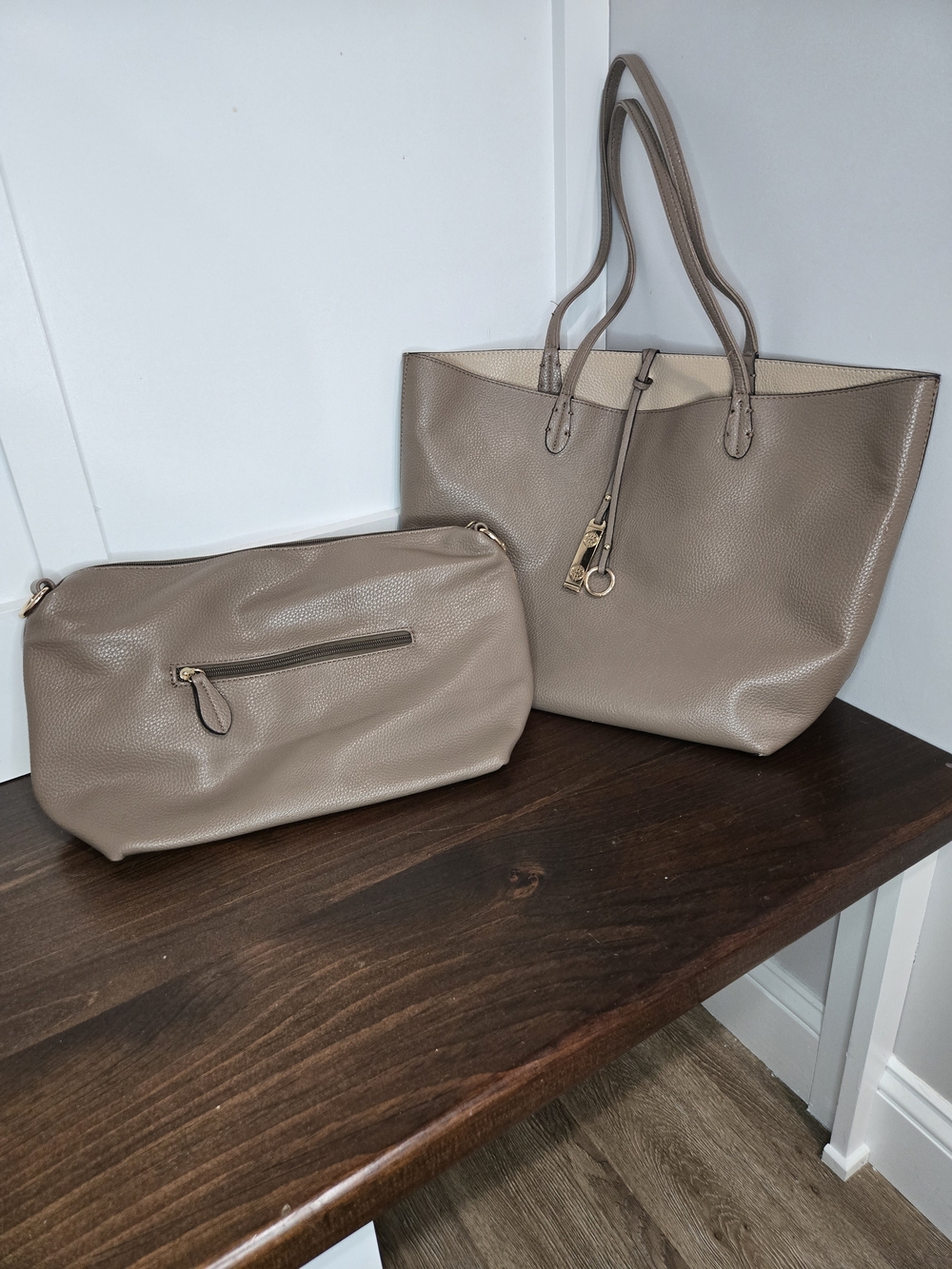 Neutral Taupe Pebble Leather Tote with Inner Pouch